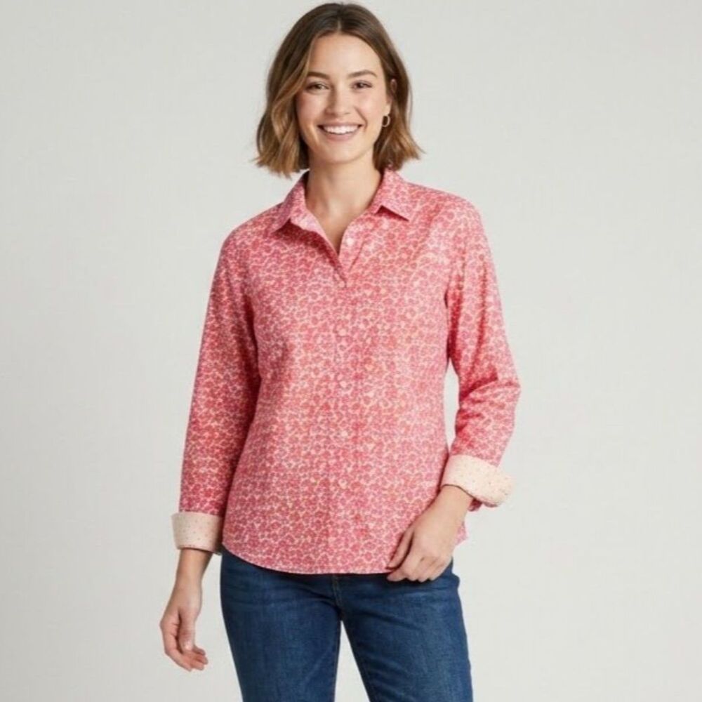 LL Bean Button Up Floral Flip Cuff Shirt Womens Sz M Coral Long Sleeve Cotton